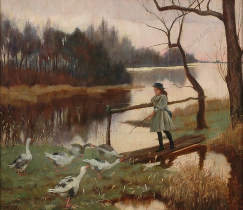 Charles Marsh (exh. 1892-1901) "Junges Mädchen füttert Enten", Öl auf Leinwand, 1890er - Bild 2 von 8