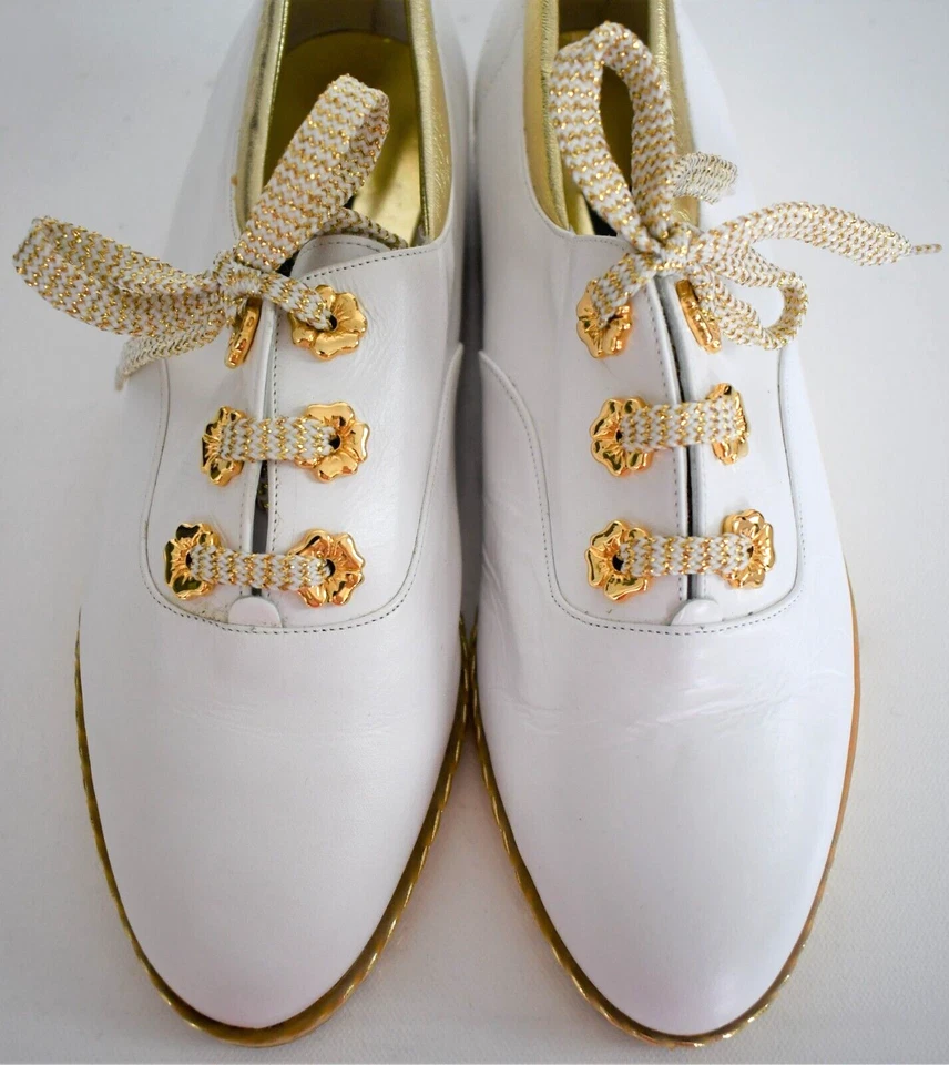 De colección Nuevo Antiguo Stock Bally Jallut Cuero Blanco Borde Dorado Zapatillas Planas 8.5/9M Foto 3 de 4