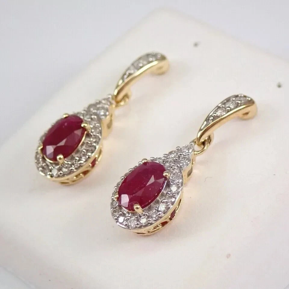 3Ct Oval Cut Lab-Created Ruby Halo Drop Dangle Earrings 14K Yellow Gold Plated - Image 2 of 4