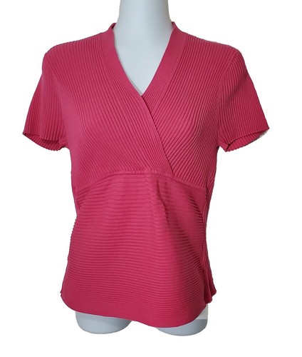 August Silk Top Womens XL Pink Short Sleeve Silk Blend Ribbed Knit Surplice