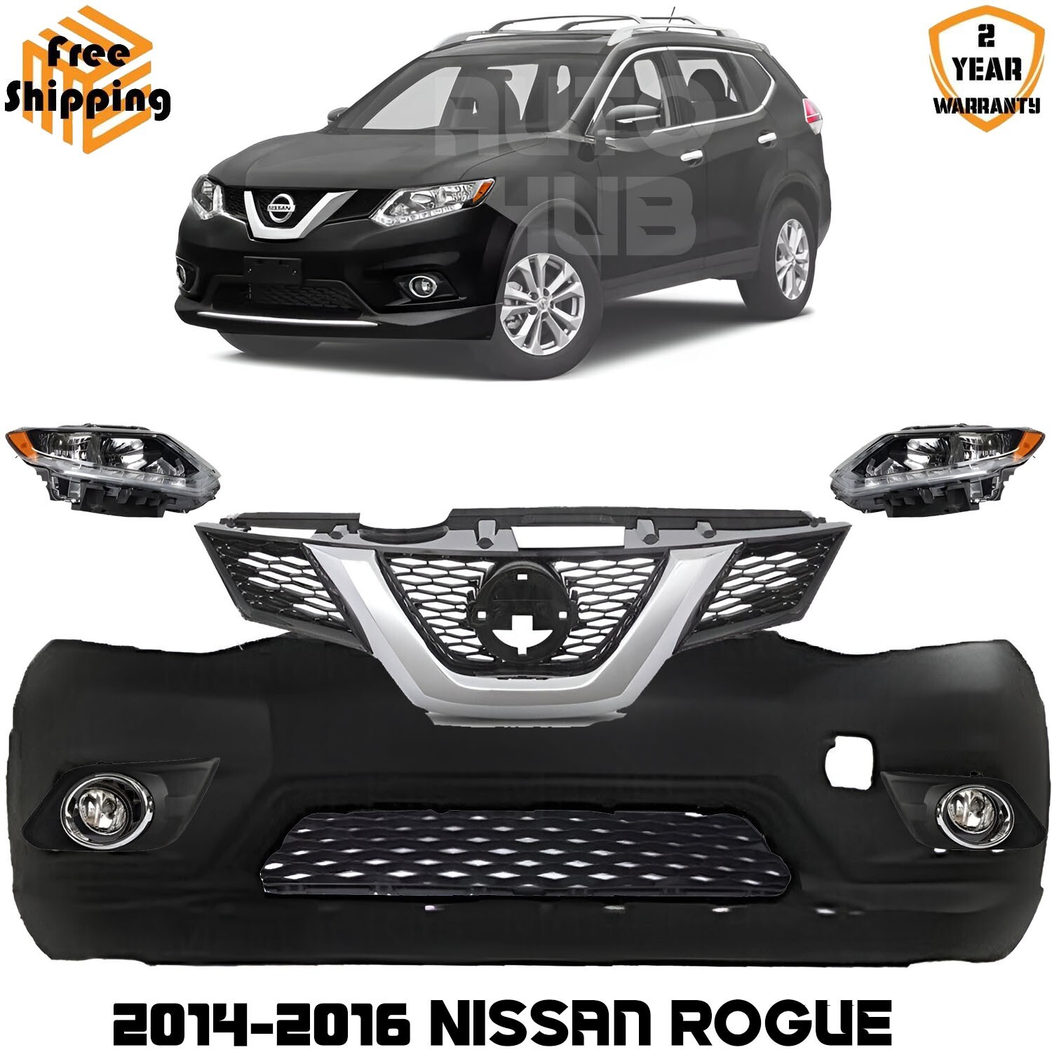 Front Bumper Cover Fascia & Grille Assembly Kit For 2014-2016 Nissan Rogue