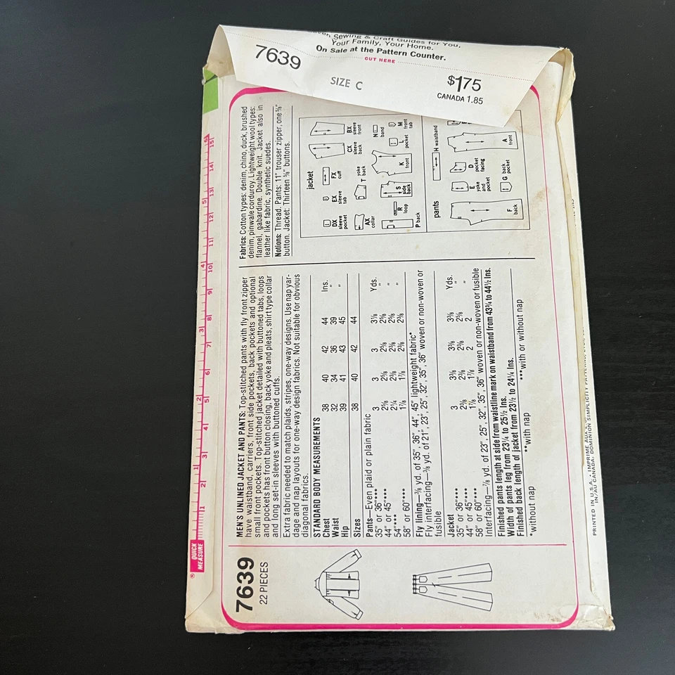 Vintage 1970s Simplicity 7639 Men’s Jacket + Pants Sewing Pattern 38 40 UNCUT - Image 4 of 4