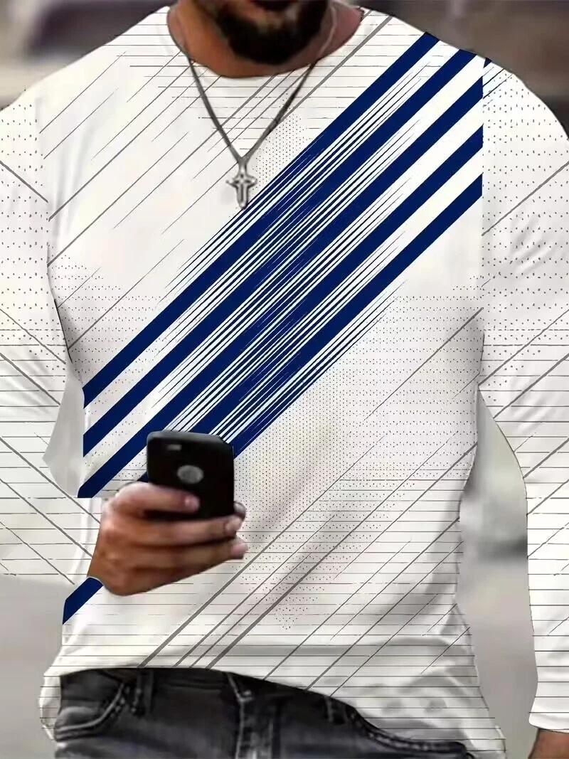 Men Long Sleeve Striped Crew Neck Asymmetrical Geometric Pattern T-Shirt