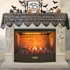 Halloween Black Lace Fireplace Mantle Scarf Cover , Halloween Decorations Indoor