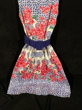 Talbots summer Dress Blue Pink Floral Rose Fit Flare box pleats Pockets Dress 8p