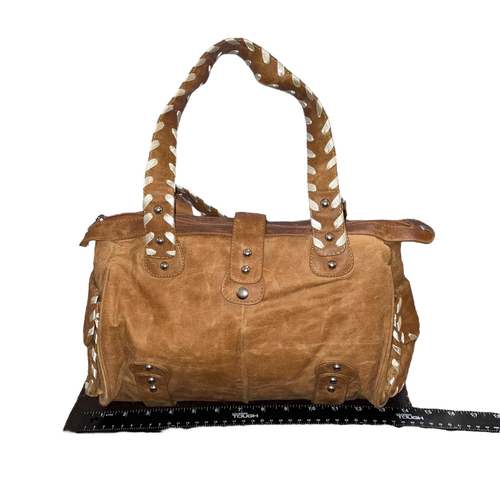 Studded Faux Leather Handbag with Braided Straps in Brown NWT  