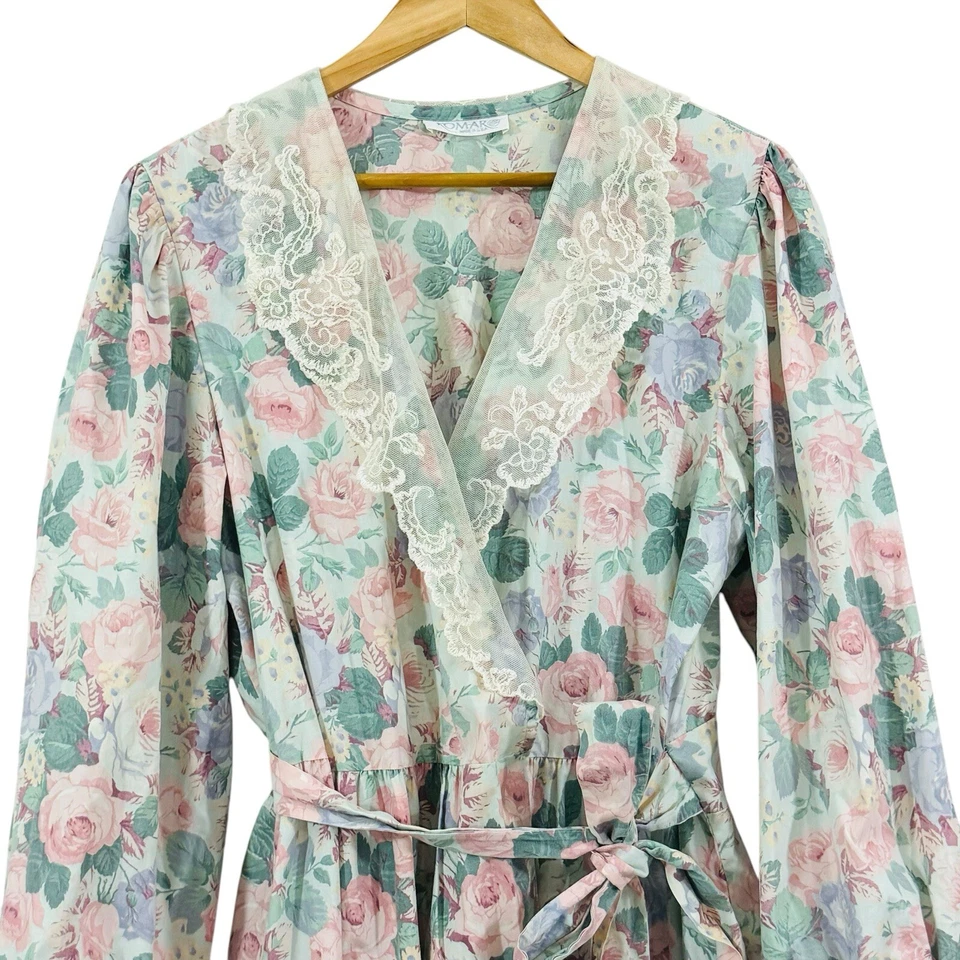 VTG 80s Komar Floral Lace House Robe Dress Cottage Granny Victorian Pockets SZ L - Image 2 of 4