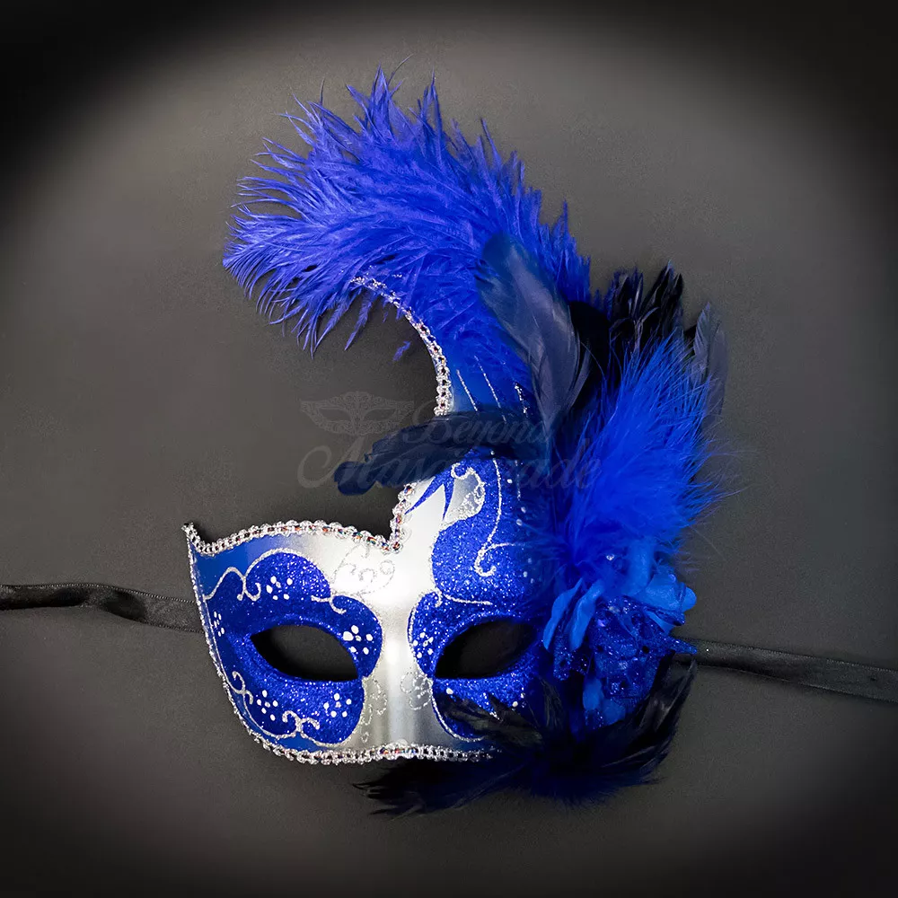 Ostrich Feather Venetian Masquerade Mask for Women M6131 Silver/Royal Blue