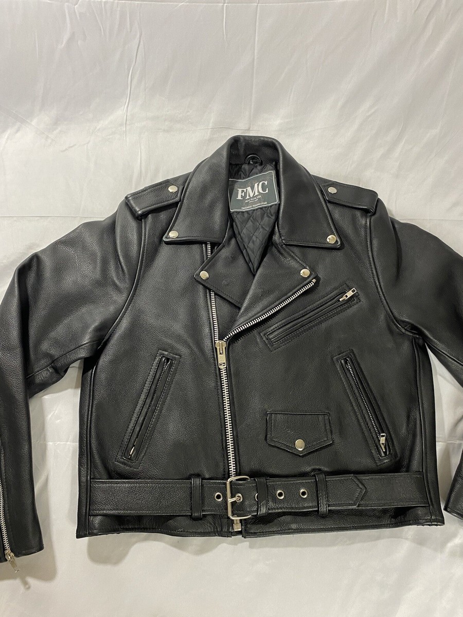 FMC Black Leather Quilt Lined Assymetrical Zip Moto Biker Jacket
