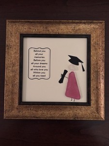 Artisan Gold Framed Graduation Sea Glass Art with Red Gown