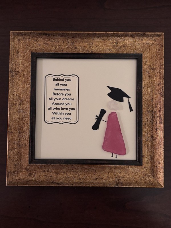 Artisan Gold Framed Graduation Sea Glass Art with Red Gown