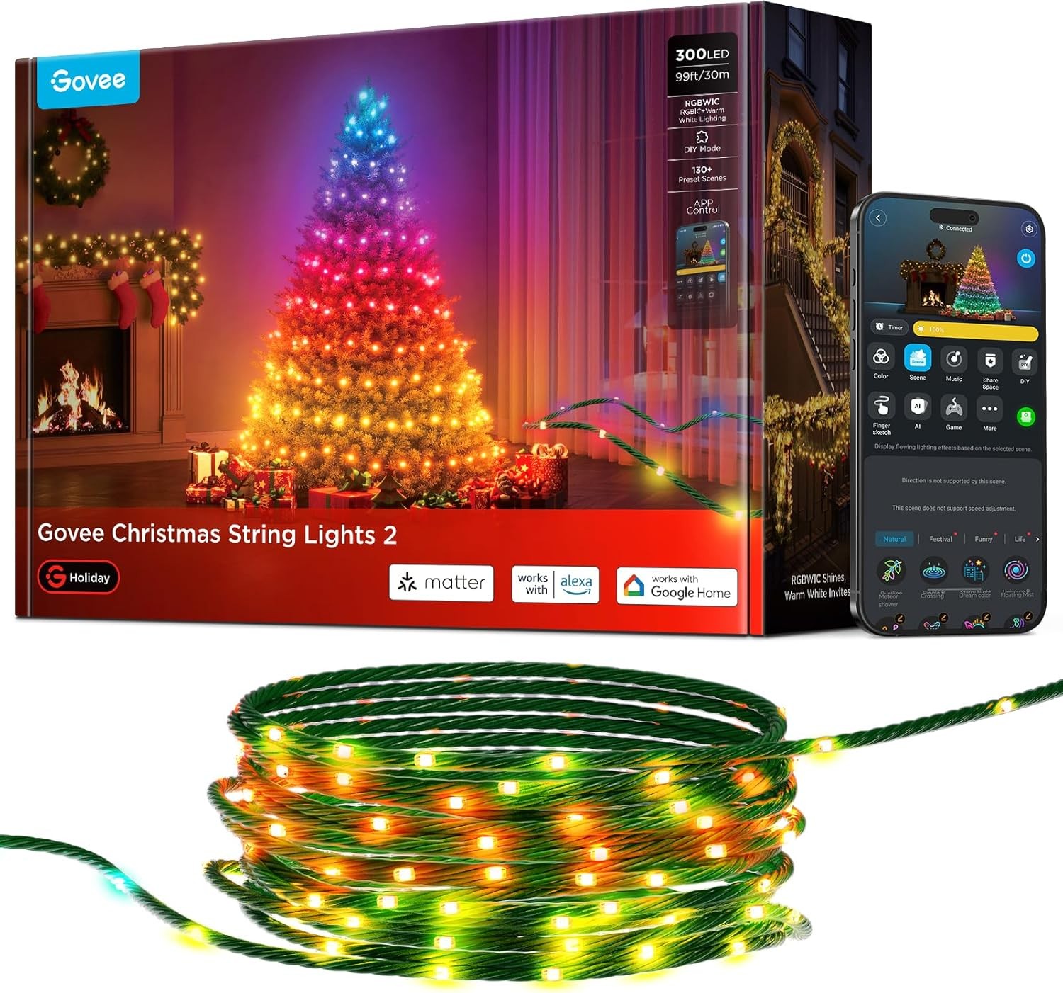 Govee Christmas Lights 2, RGBWIC 99FT 300LEDs Holiday String Lights with Shape M