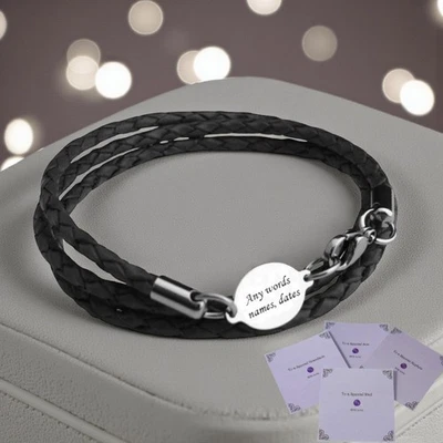Gravé Bracelet, Cuir Drapé pour Homme Ou Garçon en Boite Cadeau Papa, Fils, Etc. - Photo 1/4
