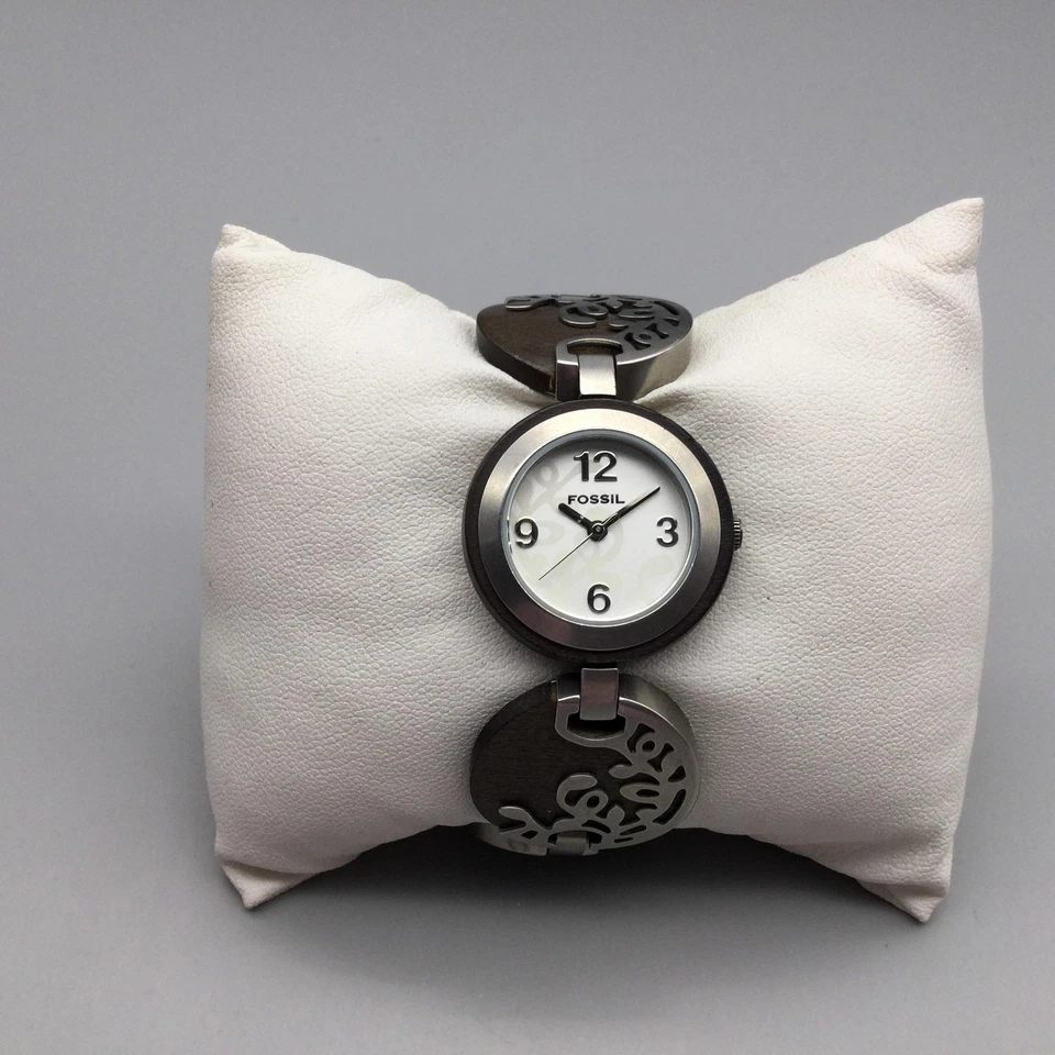 Disco de madera Fossil para mujer 27 mm tono plata eslabones florales ES-2051 batería nueva 5,75" Foto 2 de 4