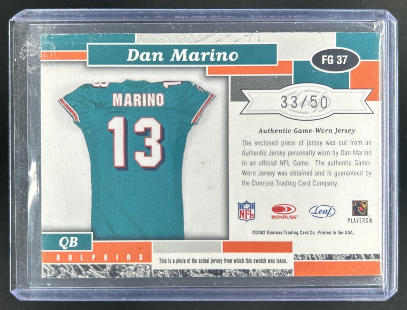 2002 Leaf Certified Dan Marino Fabric of the Game Team Logos Jersey #/50 view 2
