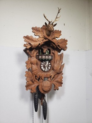 Albert Schwab Karlshrue - Musical Dancing Cuckoo Clock Hunting Black Forest 