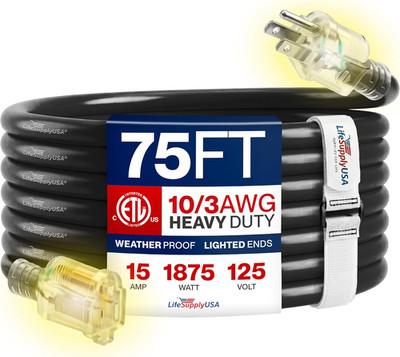 75Ft Heavy Duty 10/3 Gauge Extension Cord, Waterproof, 15A, Flexible, Black