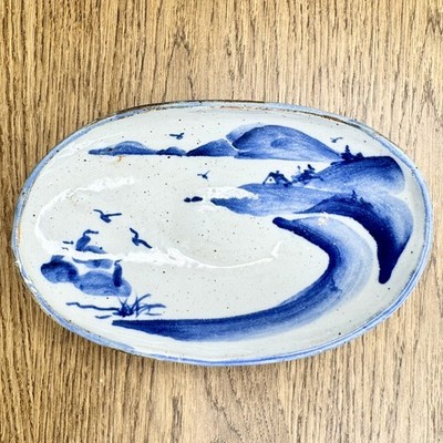 Vintage Gull Rock Pottery Coastal Landscape Oval Studio Pottery Dish Blue White
