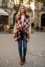 Women's Color Block Lapel Open Front Sleeveless Plaid Vest Cardigan with Pockets