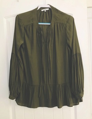 RO +DE size L Olive Green Semi-Sheer Pleated Bishops Sleeve, Ruffled Bottom BOHO