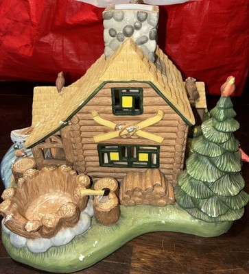 Damaged PartyLite Ceramic Gone Fishing Log Cabin Tea Light Candle Holder