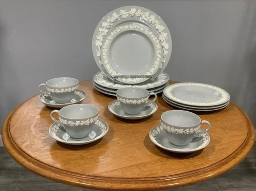 Wedgwood Embossed Queensware cream on grey smooth edge FOUR place settings -Wrim