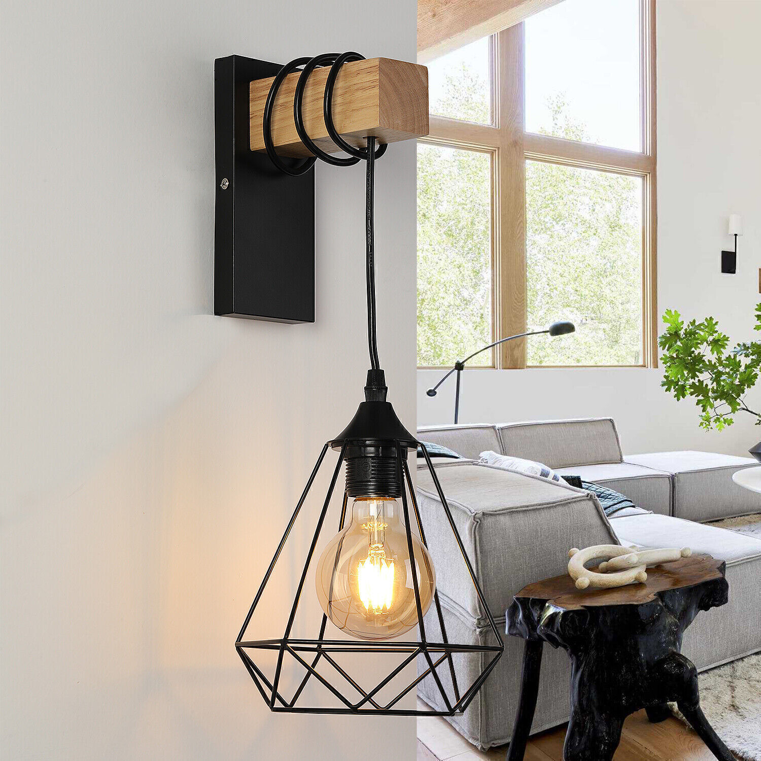Steinhauer Wandleuchte Retro-Design: Verstellbarer Käfig-Spot Mit Holzoptik In Grau/Braun