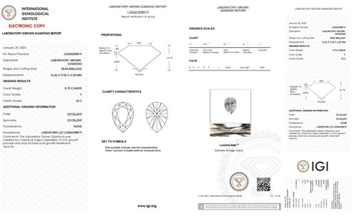 Lab Grown Certified CVD Loose Diamond 5.75 Ct F VS2 Clarity PEAR Cut STONE - Picture 2 of 12