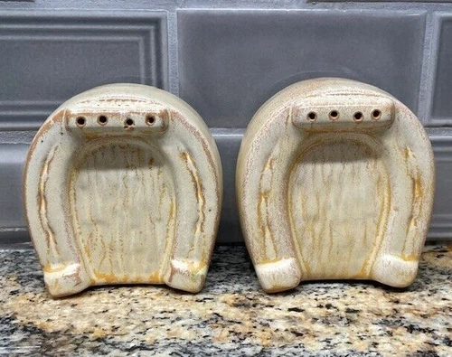 1948 FRANKOMA POTTERY HORSESHOE DESERT GOLD #94HL SALT & PEPPER SHAKER SET ADA