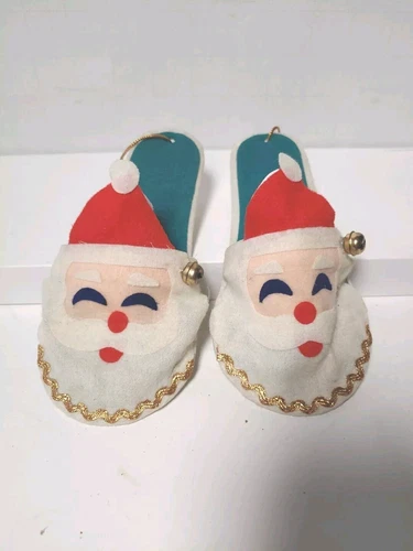 2 Vintage Felt Santa Clause Slippers Ornaments W/ Bells Japan 6.5"