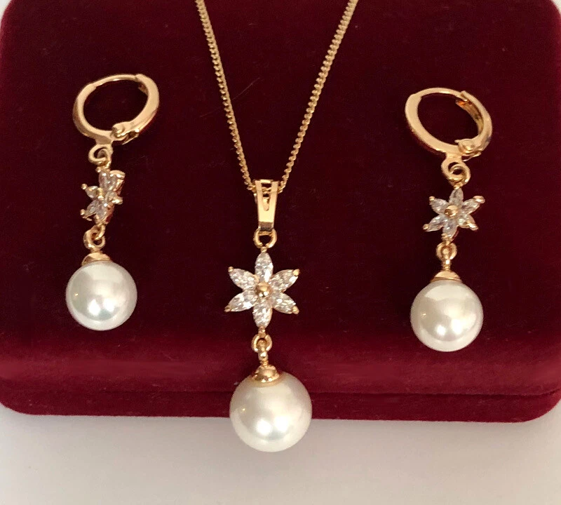 Perlen Schmuckset Halskette Ohrringe Zirkonia Kristalle 18K Gold vergoldet Etui - Bild 2 von 4