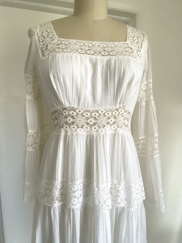 Vintage Roberta 70s Prairie Cottage Core Boho Gauze Lace Maxi Dress Sz S Wedding - Bild 2 von 11