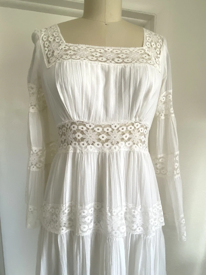 Maxi Vestido De Colección Roberta Años 70 Pradera Casa de Campo Núcleo Boho Gasa Encaje Talla S Boda Foto 2 de 4