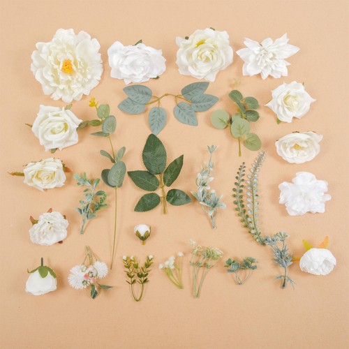39PCS White Mix Flower Green Leaf Grab Bag DIY Wreath Bouquets Decor Fake Flower - Picture 6 of 11