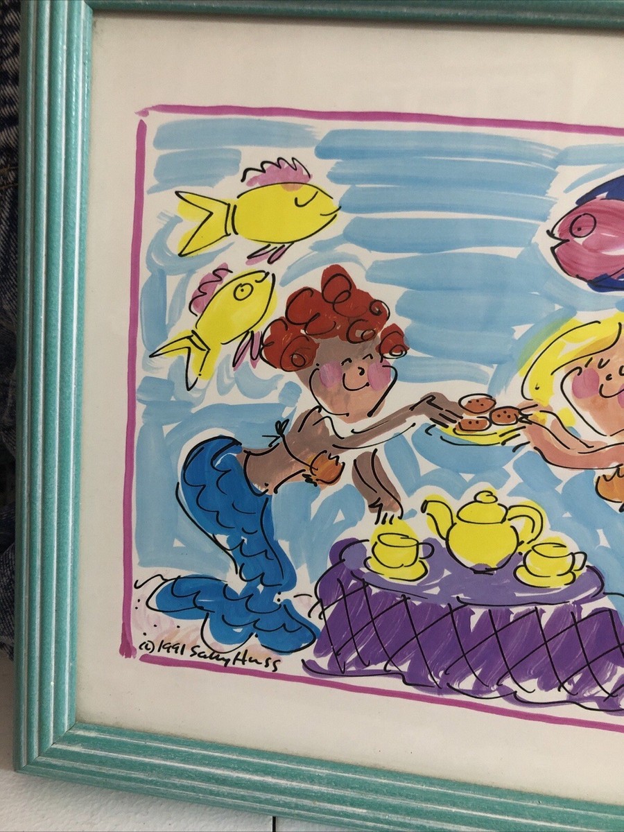 Sally Huss Mermaid's Tea Party Hand Painted Framed Print Painting