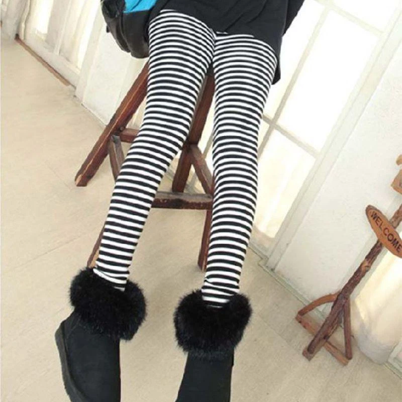 Women Ankle Length Skinny Leggings Black White Horizontal Striped Pants Tights - Image 4 of 4