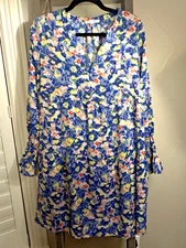 Daily Thread sz L Blue Pink and Yellow Long Sleeve Tiered Midi Dress