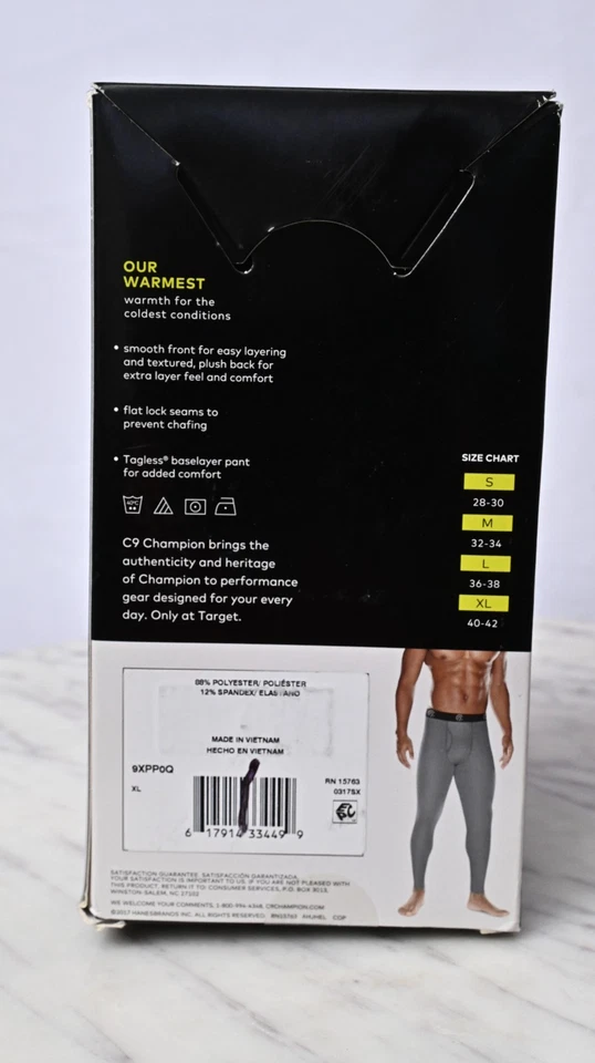 Pantalón Champion Para Hombre C9 DUO DRY Peso Pesado Elástico Capa Base Negro XL NUEVO Foto 2 de 2