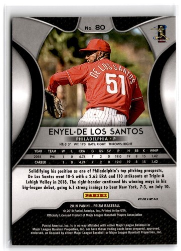 2019 Panini Prizm Blue Enyel De Los Santos #80 RC Philadelphia Phillies - Foto 2 di 2