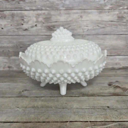 Vintage Fenton Footed White Hobnail Milk Glass Oval Lidded Covered Candy Dish