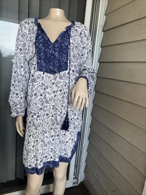 Cooper St Womens 8 Dress White Blue Cotton Floral Pullover V-Neck Curve