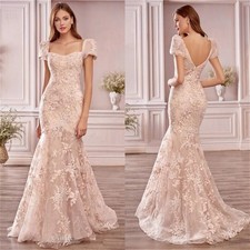 Pink Mermaid Wedding Dress Square Collar Appliques Zip Short Sleeve Bridal Gowns