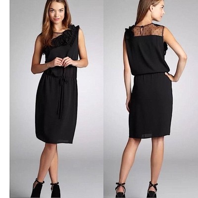 BCBG MaxAzria Angeline Black Crepe Drawstring Waist Illusion Neck SZ SMALL