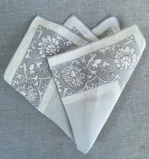 Vintage Gray Floral Border Handkerchief /Pocket Square Hand Rolled Hems 14.5"