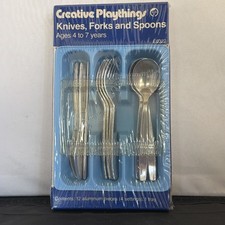 Vintage Creative Playthings Kids 12pc Aluminum Flatware Set w/ Tray—NOS