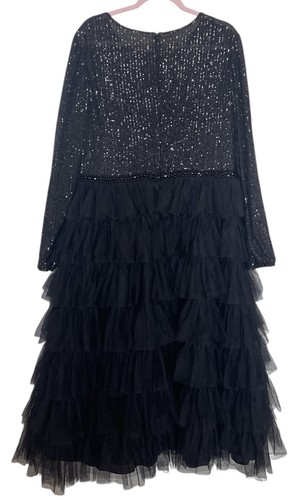 Abito vestito donna Ieena Mac Duggal taglia 16 nero paillettes volant a strati 26299 $498 - Foto 7 di 10