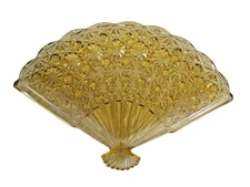 Vintage L.G. Wright Amber Glass Fan Vanity Tray Or Dish Daisy And Button Pattern