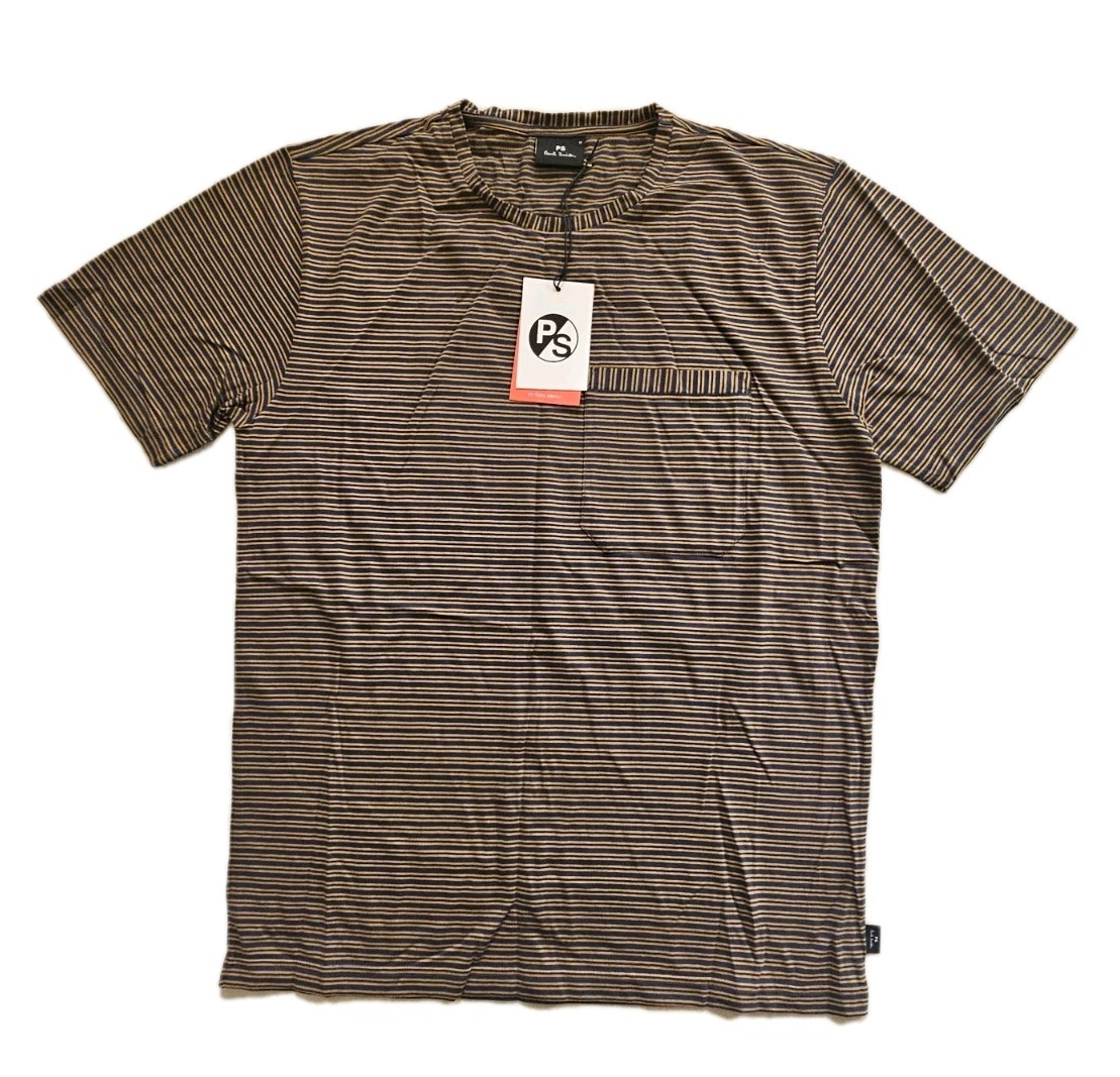 PAUL SMITH Tshirt T Shirt Mens M Reg Fit Blue Gold Stripes Organic Cotton