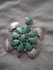 Large Edward Lee American Indian Sterling Turtle Turquoise Pendant Vintage
