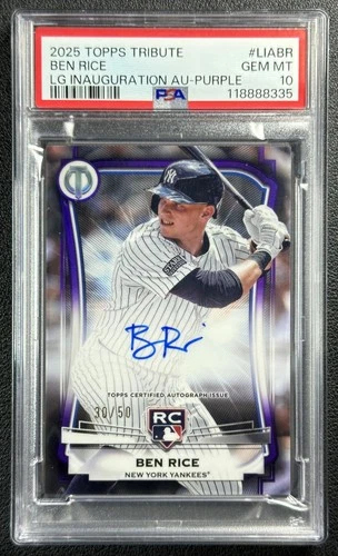 BEN RICE PSA 10 2025 TOPPS TRIBUTE LEAGUE INAUGURATION AUTO PURPLE ROOKIE 30/50